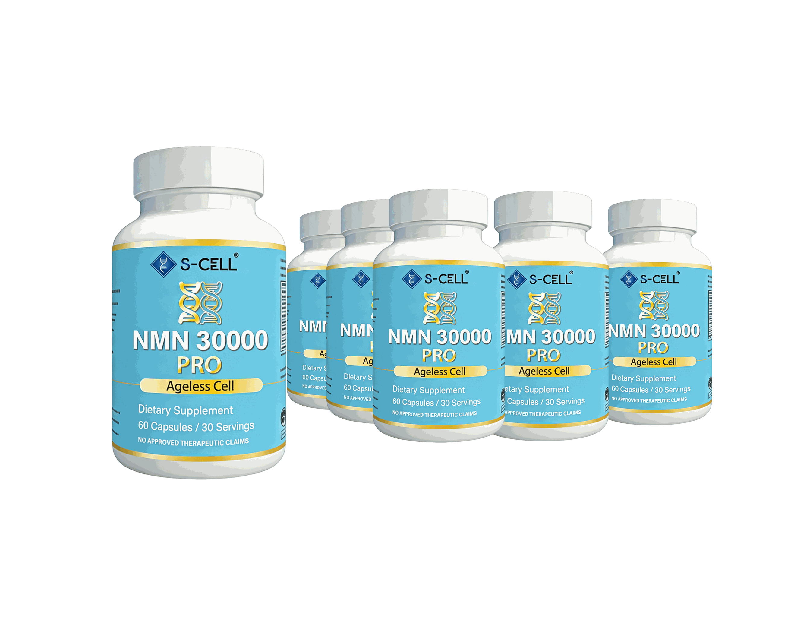 NMN 30000 PRO six-month anti-aging supplement capsules with high-purity NMN and five synergistic ingredients for cellular regeneration and youthful skin.